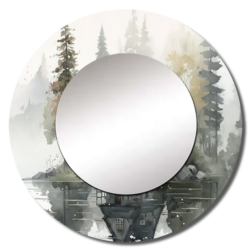 Persefoni Cottage By The Lake II - Lake House Cottage Unique Mirror, Traditional Large Round Wall Mirror, Printed Metal Art