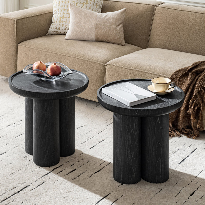 Pendle 19.75"W Modern Round End Table with Oak Veneer Finish and Sculptural 3-Leg Base Set of 2, Black