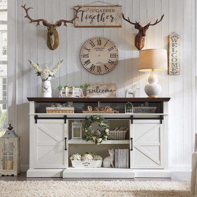 Farmhouse TV Stand for 80 Inch TVs, 38" Tall Entertainment Center w/Storage Cabinets and Sliding Barn Door, Media Console Cabinet