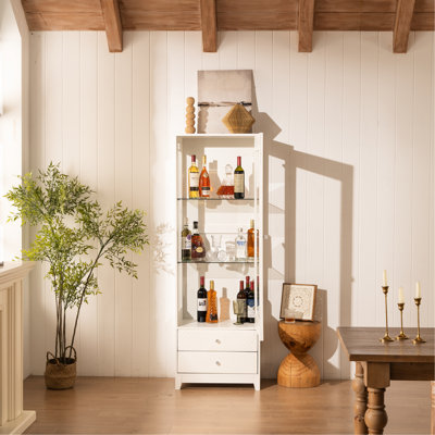 Armoire à vin autoportante de 71 po avec éléments rembourrés, 2 tiroirs de rangement, porte en verre, tablettes réglables, plafond à DEL 5 couleurs, vue panoramique 180 pour la décoration intérieure - mobilier de bureau blanc