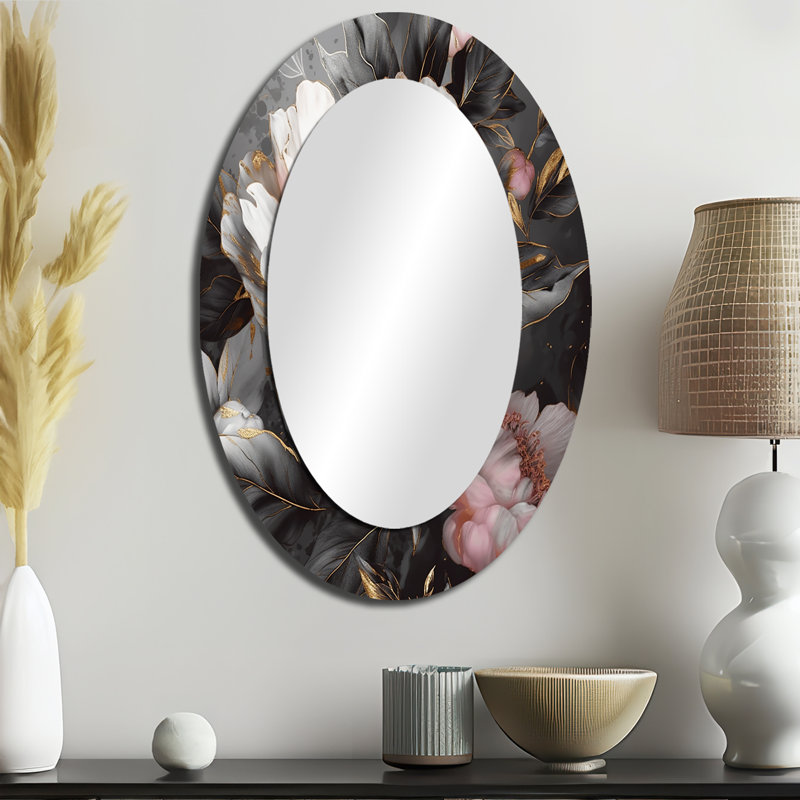 Pivoine rose grise en fleurs II - décor de miroir mural ovale rose, 36 po x 24 po