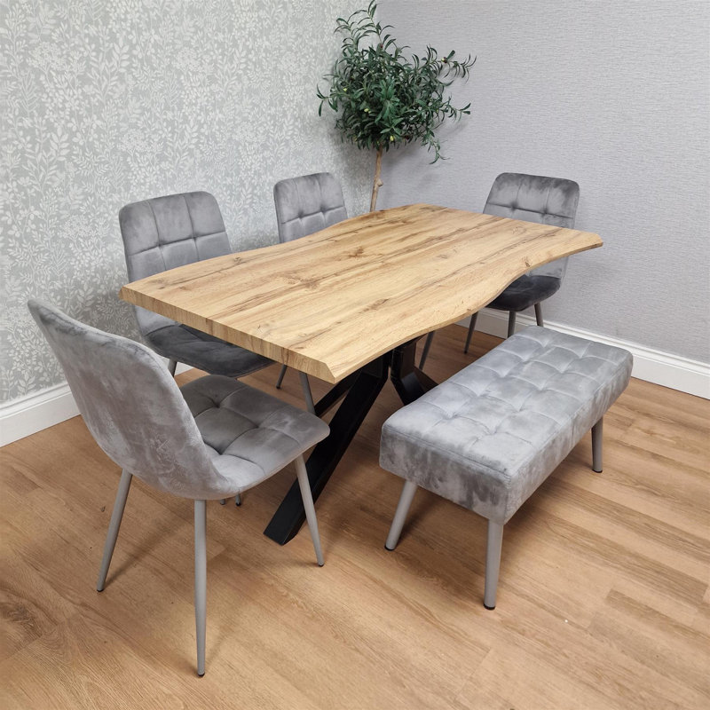 Wooden Dining Table with 4 Chairs and 1 bench Dining Kitchen Room Furniture, Grey, 75"H x 140"L x 80"W