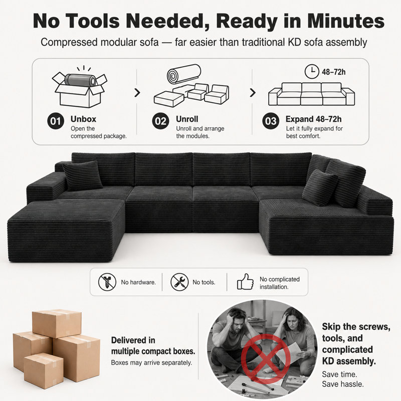 Koli Boneless 104" L-shaped Sectional Couch, Compression Sofa for 4 Person, Corduroy, Right Hand Facing, Gray Velvet