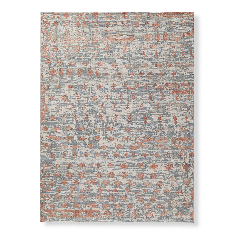 Wool Abstract Area Rug in Terracotta/Dusty Blue, Rectangle 6' x 9'