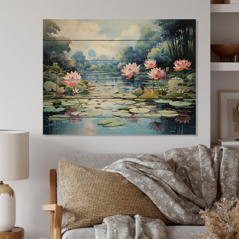 «China Art Lotus Pond III», reproduction d'art sur bois de pin naturel, H 10 po x l 20 po x P 0,78 po