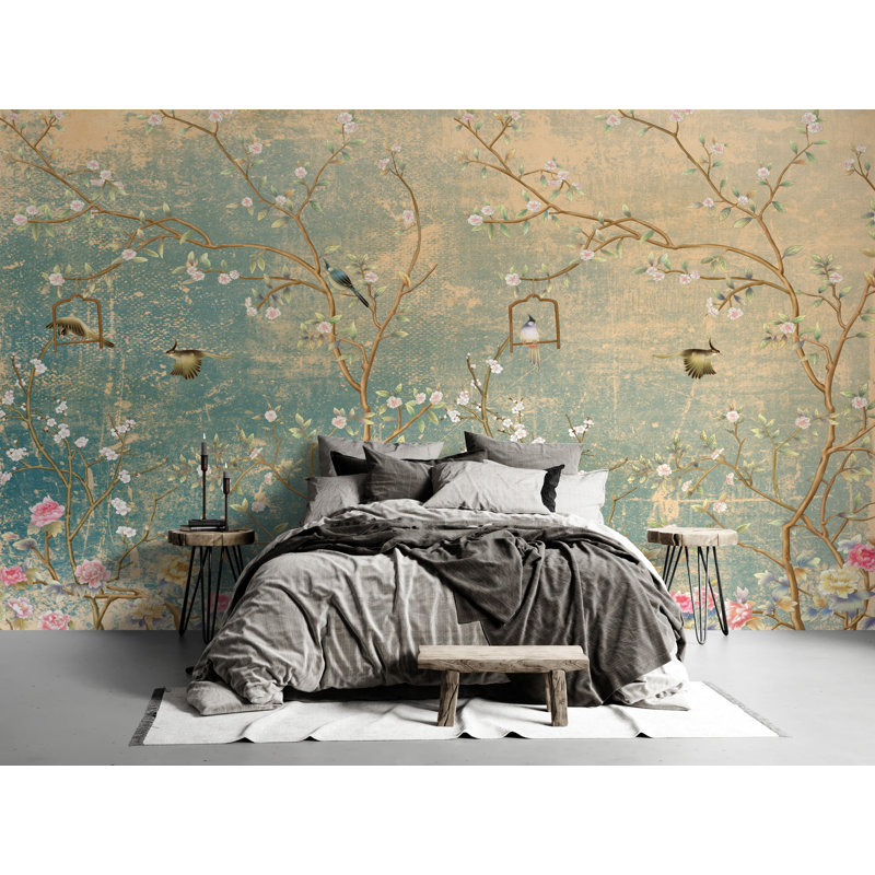 Papier peint adhésif rétro chinoiserie rétro sur fond grunge, l 150 po x L 96 po
