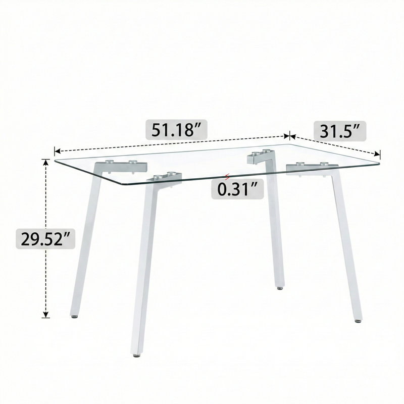 Table de salle à manger rectangulaire moderne en verre pour 4 à 6 personnes avec plateau en verre trempé de 0,31 pouce et pieds en métal plaqué, bureau, pour cuisine, salle à manger et salon, dimensions: 51 po de largeur x 31 po de profondeur x 30 po de hauteur. Modèle: 1123