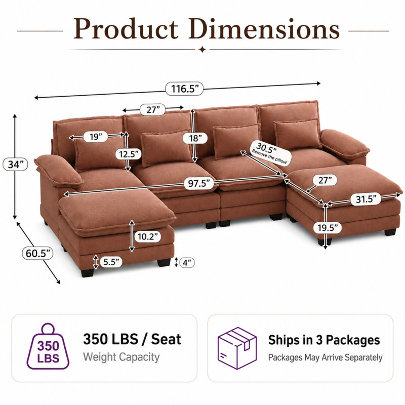 Canapé modulaire en chenille réversible de 116 po en forme de U avec double repose-pieds, Brown