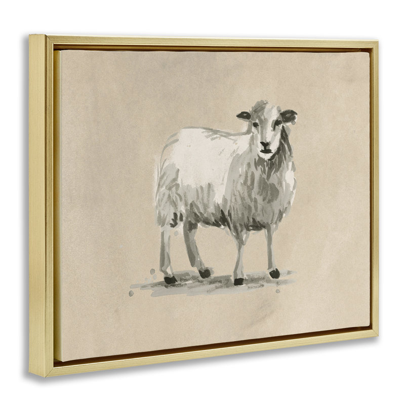 «Gazing Sheep on Beige», art mural encadré flottant par June Erica Vess, Or, H 25 po x l 31 po