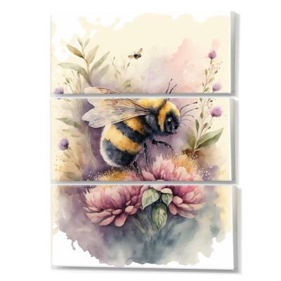 " Bee Flying To A Flower Watercolor I " 3 - Pieces