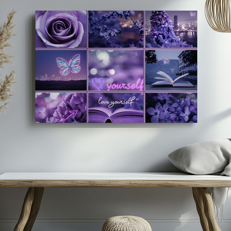 La toile crée un collage visuellement riche mettant en vedette un ensemble d'éléments sur le thème de l'art mural mauve, y compris un gros plan sur une toile de lavande veloutée