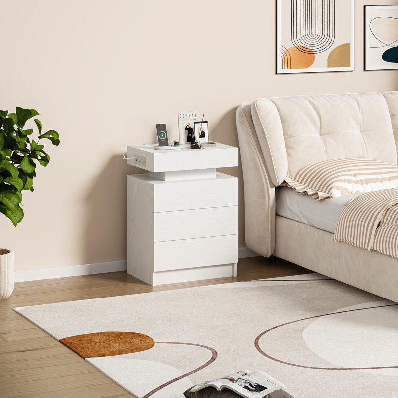Table de chevet de style moderne H 26,8 po avec 3 tiroirs, station de charge et lumières DEL pour la chambre à coucher  , 3