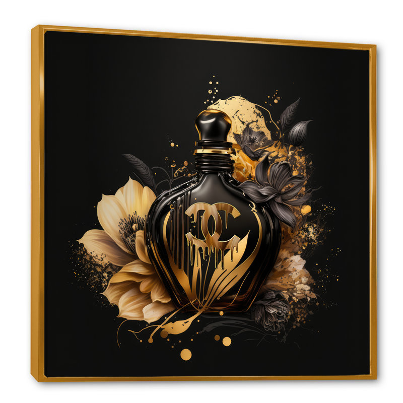 «Chic Black and Gold Perfume Bottle VII», reproduction d'art sur toile encadrée, H 24 po x l 24 po x P 1 po