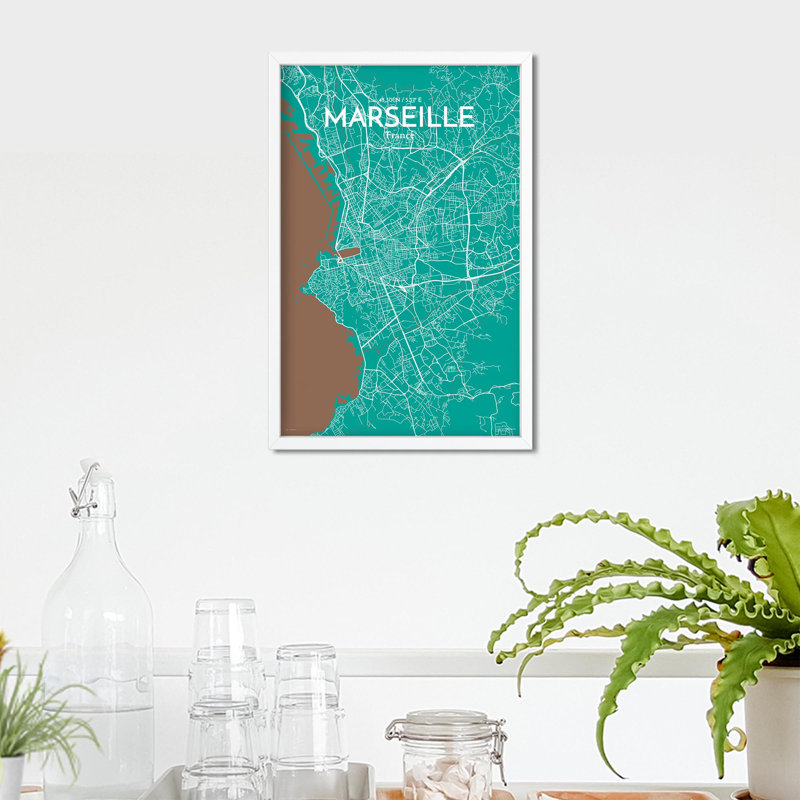«Marseille City Map», impression, H 17 po x l 11 po, Vert / Brun