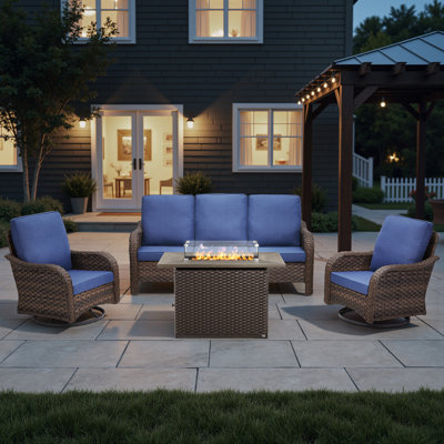 Ensemble de meubles de patio 4 pièces avec table de foyer d'extérieur 43 po - ensemble de conversation de patio en osier avec chaises berçantes pivotantes et canapé pour terrasse extérieure
