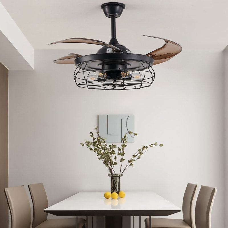Retro Industrial Cage Ceiling Fan with Light and Remote 6-Speed Reversible 48"Blades 4-Blade High Airflow Timer Function for Bedroom Living Room Dining Room