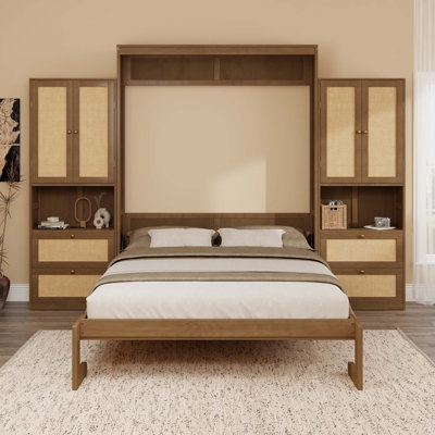 Solid Wood With Rattan Murphy Bed Cabinet Space-Saving Bed With Side Cabinet Storage Shelf, Perfect For Guest Room, For Bed Room, Guest Room, Home Office