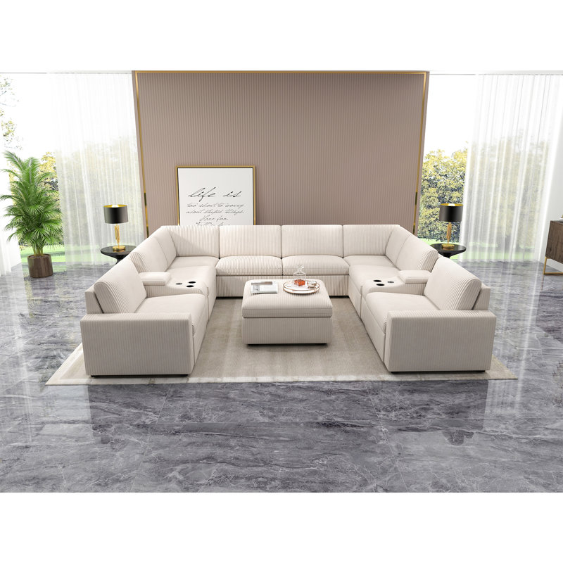 Annistyn Power Corduroy Reclining U-Shaped Sectional Symmetrical, Alabaster White Corduroy