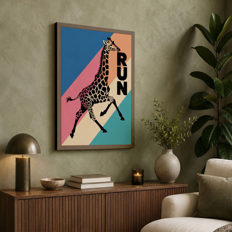 Giraffe Run Retro - Wrapped Canvas, 30x20 - 76.2 x 50.8 cm, White Border
