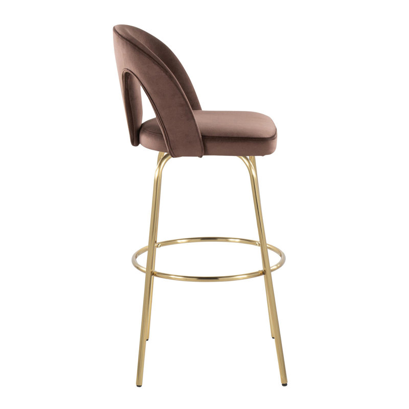 Tabouret de bar à hauteur fixe avec pivot en métal doré et velours espresso avec repose-pieds rond en métal doré - ensemble de 2