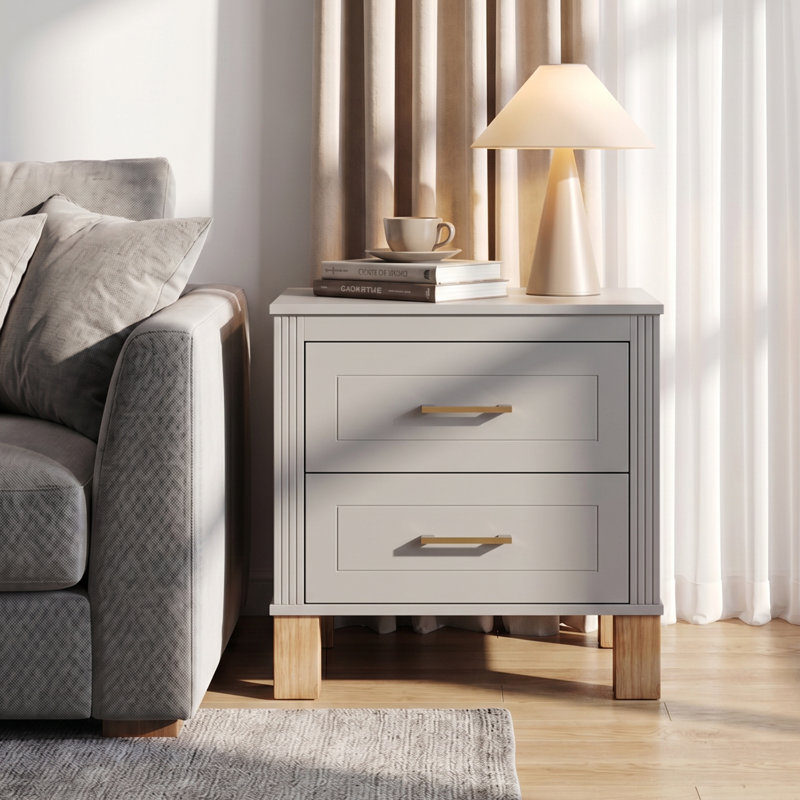 Table de bout à 2 tiroirs en bois massif avec table de bout avec rangement de 20,3 po de largeur, Gray