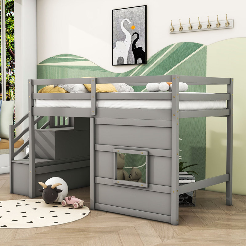 Jadi Twin Wooden Loft Bed with Staircase, Gray