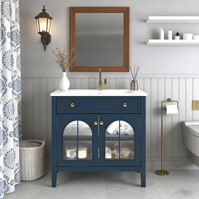 Meuble-lavabo de style maison de campagne de style Mid-Century 35,6 po avec lavabo, meuble-lavabo autoportant avec porte en verre à motif et éclairage à détecteur de mouvement