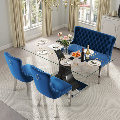 Ensemble de table de salle à manger moderne en verre pour 4/6 personnes, table de cuisine rectangulaire avec chaises en velours, ensemble de mobilier de salle à manger contemporain avec chaise capitonnée et banc