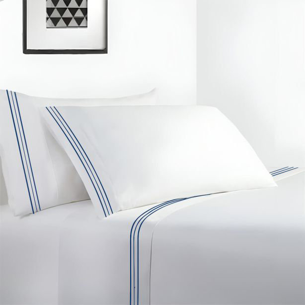 400TC Cotton Sateen Classic Embroidery Cotton 4 Piece Sheet Set Fitted Sheet Fits Upto 16" Deep Pocket, Full Sheet Set