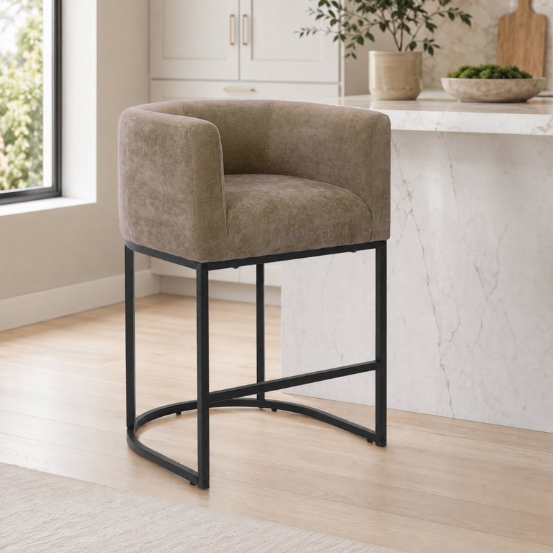 26" Upholstered Counter Height Bar Stool, Black, Brown/Black Frame