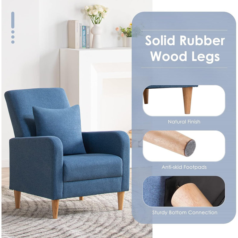 Blue Upholstered Accent Chair with Wooden Legs and Pillow