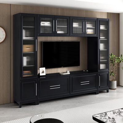 Meuble audio-vidéo pour téléviseur de 75 po ou moins, unité de rangement murale complète, portes d'armoire en verre rayé, minimaliste moderne, vitrine de salon
