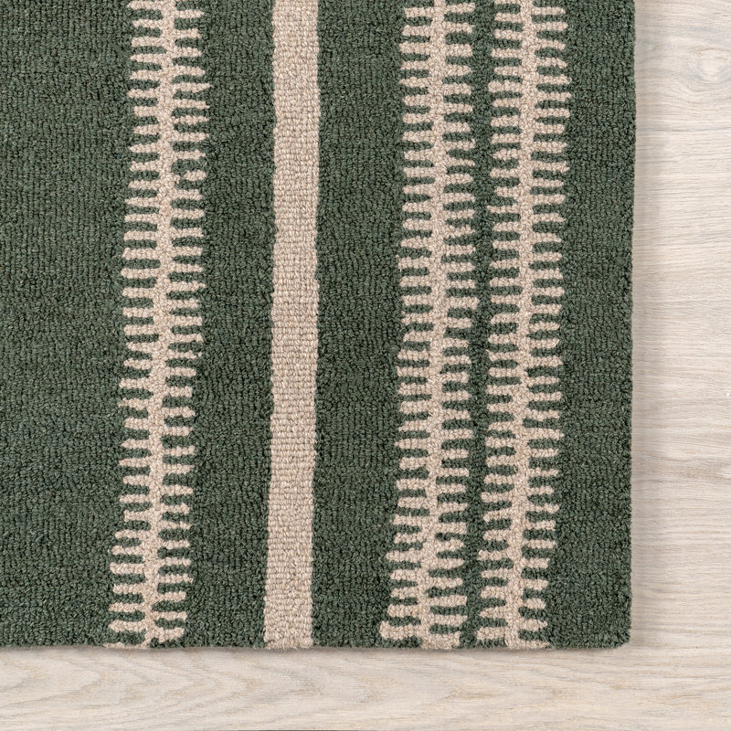 Handmade Green and Beige Wool Striped Rectangular Rug