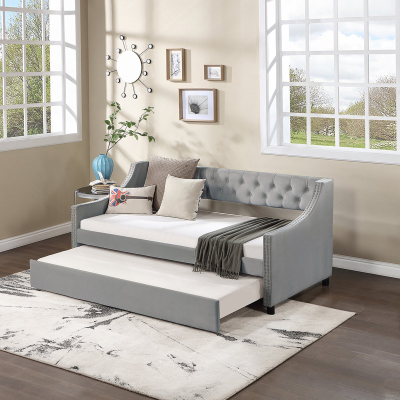 Upholstered Daybed with Trundle, Wood Frame with Tufted Buttons and Copper Nails, Light Grey