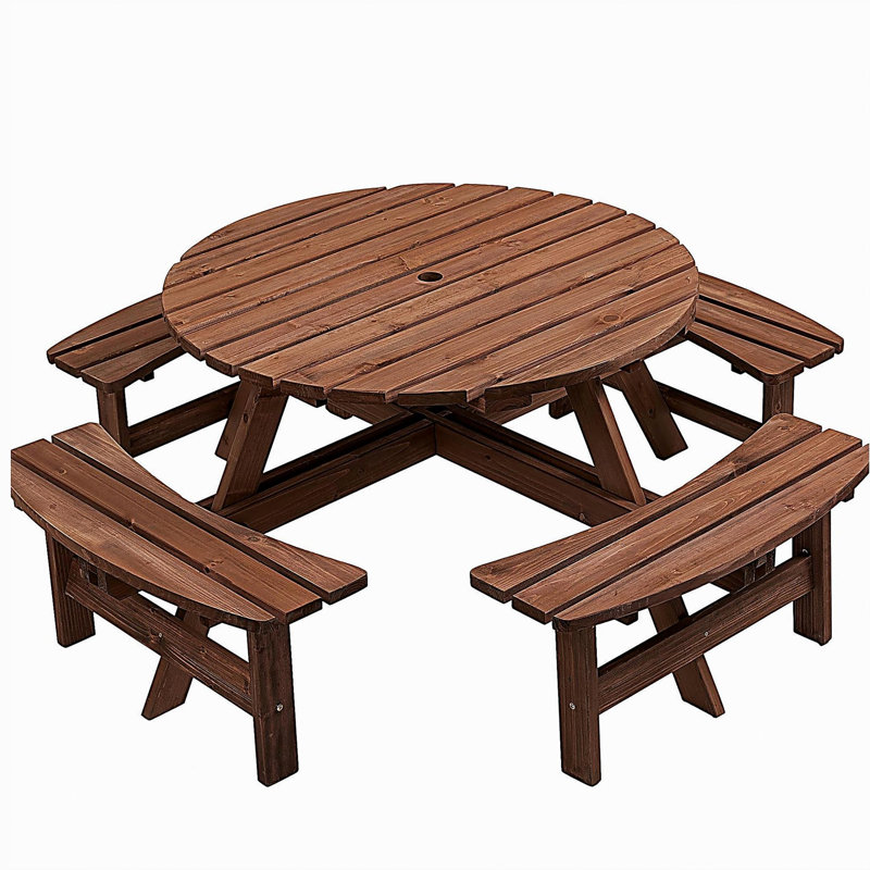 8 Person Wooden Picnic Table, Outdoor Camping Dining Table with Seat, Garden, DIY w/ 4 Built-in Benches, 2220lb Capacity