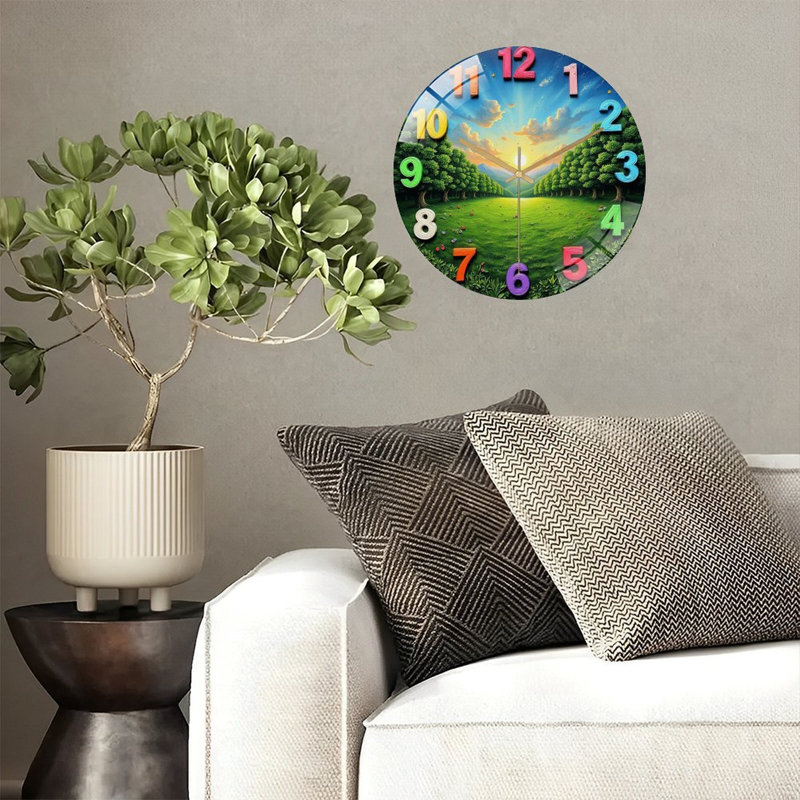 Horloge murale avec scène de paysage et chiffres colorés - horloge murale moderne en verre 12 po