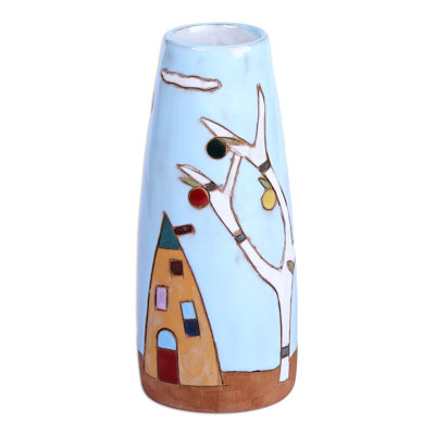 Arbre de grenade fabriqué à la main August Grove® dans un vase en céramique émaillée bleue