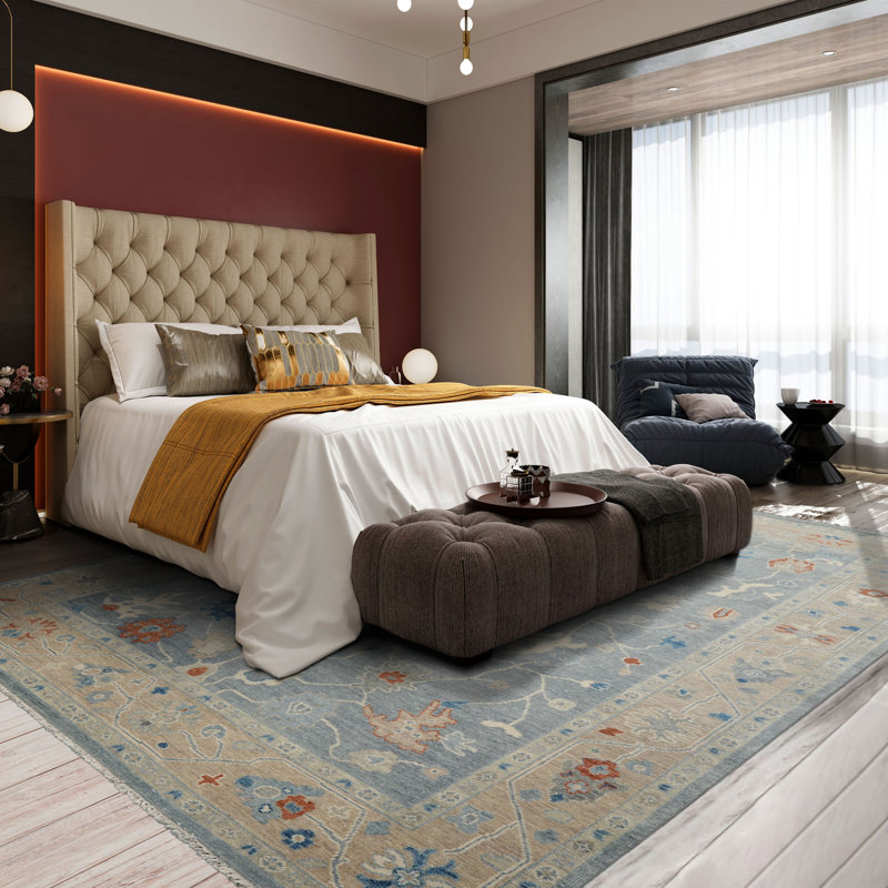 Tapis multicolore en laine noué à la main bleu Oushak, Rectangle 10 pi x 14 pi