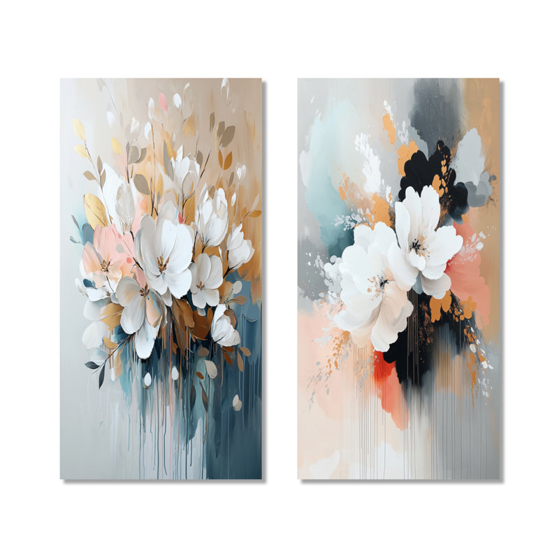 «White Brushstroke», peinture abstraite florale I - ensemble de 2 décorations murales botaniques en métal, H 40 po x l 40 po