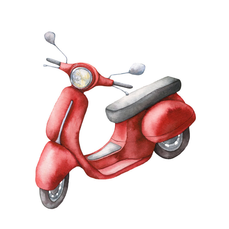 Watercolour Card With Red Scooter by Yuliya Derbisheva - Wrapped Canvas Print, 30cm H x 30cm W x 3.8cm D