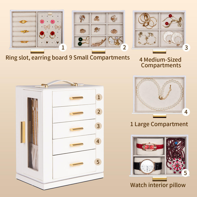 White MDF 360° Rotating Jewelry Storage Box with Glass Windows