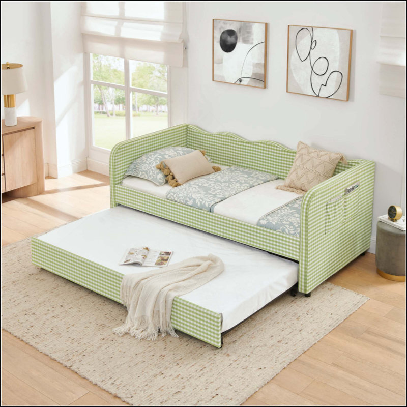 Divan-lit rembourré polyvalent 3 en 1 avec couchette coulissante et poches de rangement latérales, idéal pour les espaces multiples et les espaces restreints