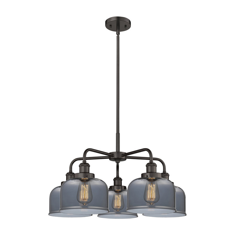 Lustre en verre à 5 lumières Bell, Plaqué couleur fumée, Chrome poli
