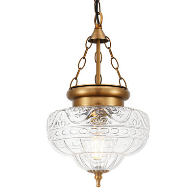 Vintage Bronze Gold Pendant Light, Floral Glass Kitchen Island Pendant, Brass Pendant Lighting with Adjustable Hanging Chain for Kitchen, Dining Room, Entryway