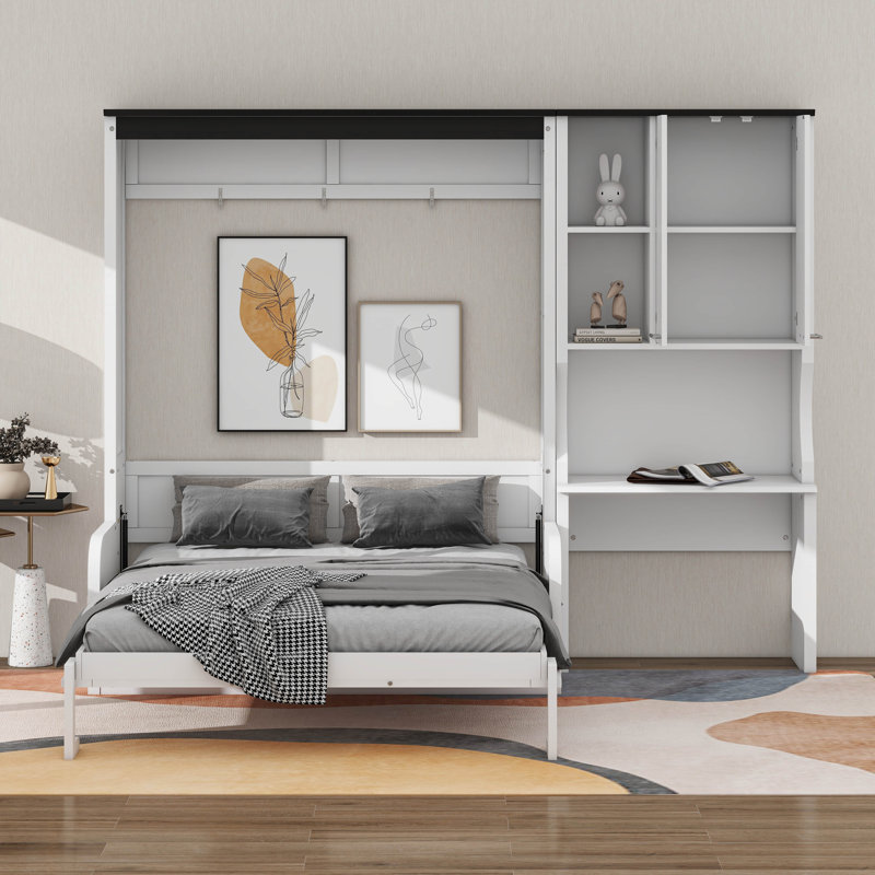 Lit escamotable multifonctionnel avec canapé, bureau et armoire de rangement, Double