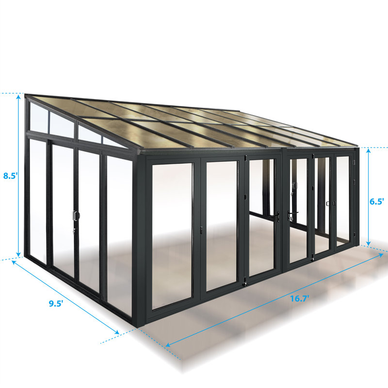 Véranda en verre trempé 16,7 pi x 9 pi avec portes pliantes rétractables - Ajout de patio moderne à effet de serre, Noir