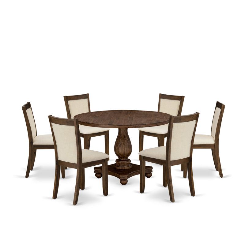 Ensemble de salle à manger 7 pièces - une belle table en bois et 6 belles chaises de salle à manger en tissu de lin beige clair avec dossier haut élégant (finition noyer antique sablé)