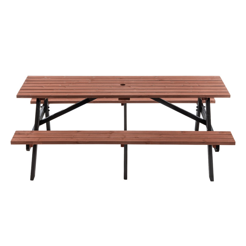 Ensemble de table de pique-nique en bois massif 75 po 75 po Capacité de 2200 lb Brun rustique pour l'extérieur avec trou pour parasol pour barbecue