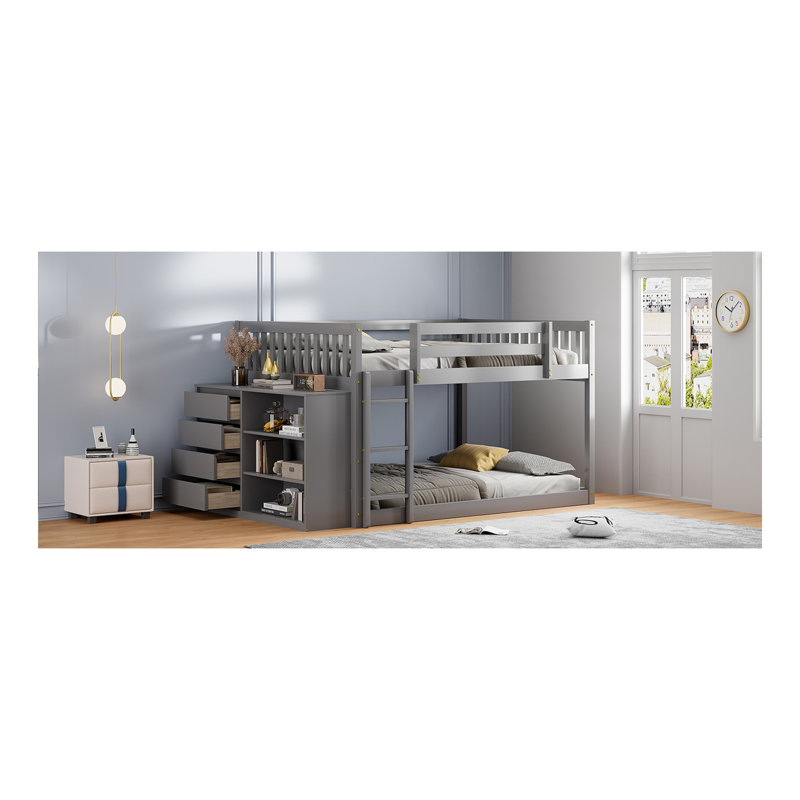 Lit superposé double avec 4 tiroirs et 3 tablettes - gris, Gris, Lit double