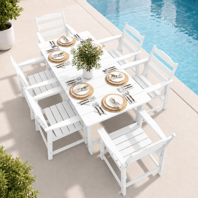 Ensemble de salle à manger d'extérieur 7 pièces en PEHD avec table rectangulaire, trou pour parasol et fauteuils, meubles de patio toutes saisons